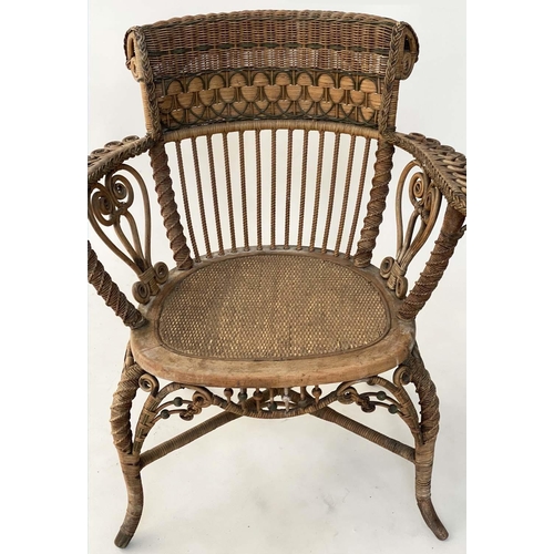 126 - ARMCHAIR, early 20th century 1930s rattan frame and green and natural intricately cane woven with st... 