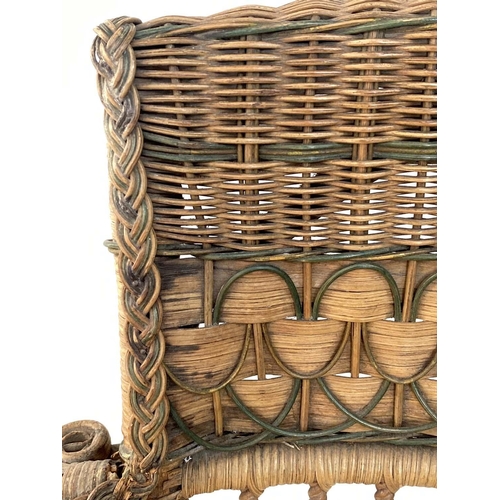 126 - ARMCHAIR, early 20th century 1930s rattan frame and green and natural intricately cane woven with st... 