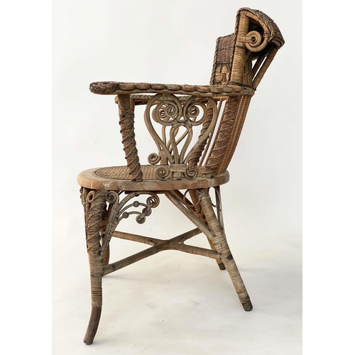 126 - ARMCHAIR, early 20th century 1930s rattan frame and green and natural intricately cane woven with st... 