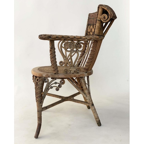 126 - ARMCHAIR, early 20th century 1930s rattan frame and green and natural intricately cane woven with st... 