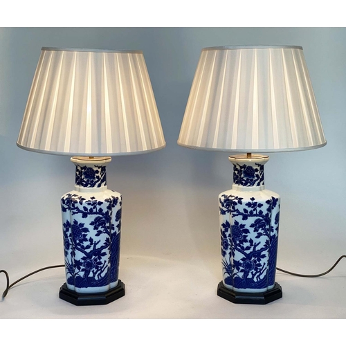 127 - TABLE LAMPS, a pair, Chinese blue and white ceramic of jar form with foliate decoration, with shades... 