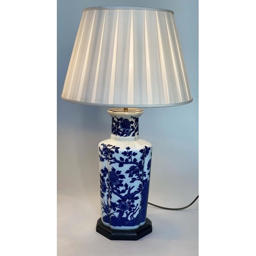 127 - TABLE LAMPS, a pair, Chinese blue and white ceramic of jar form with foliate decoration, with shades... 