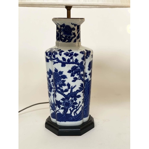 127 - TABLE LAMPS, a pair, Chinese blue and white ceramic of jar form with foliate decoration, with shades... 