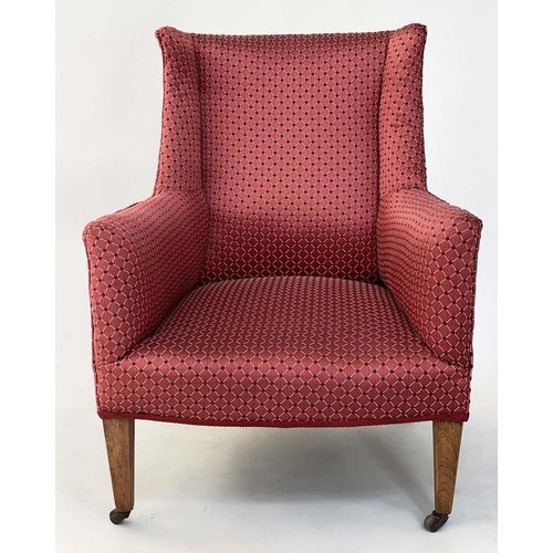 130 - EDWARDIAN ARMCHAIR, Edwardian woven silk yellow/red trellis on square tapering supports, 70cm W.