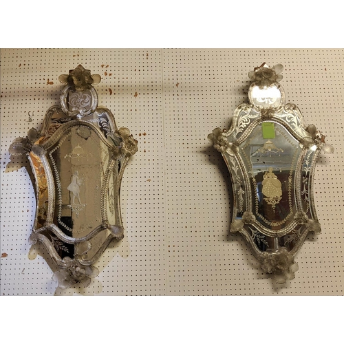 203 - VENETIAN WALL MIRRORS, a pair, 53cm W x 94cm H late 19th/early 20th century with etched decoration a... 