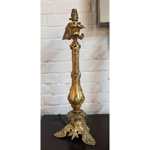 205 - ORMOLU CANDLESTICKS, a pair, 59cm H converted into table lamps. (2)