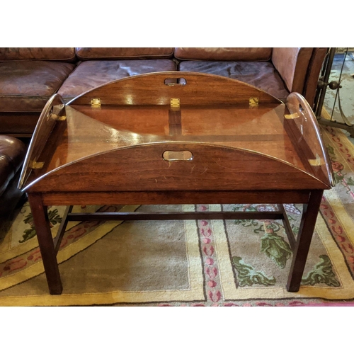 207 - BUTLER'S TRAY ON STAND, 121cm W open x 47cm H x 90cm D mahogany the top opening oval with drop flap ... 