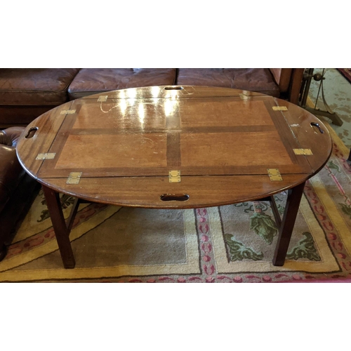 207 - BUTLER'S TRAY ON STAND, 121cm W open x 47cm H x 90cm D mahogany the top opening oval with drop flap ... 