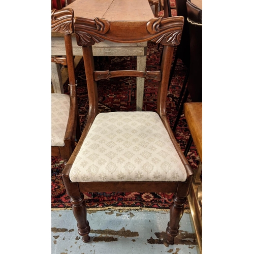 209 - DINING CHAIRS, 45cm W x 86cm H a set of five William IV mahogany framed each with a cream patterned ... 