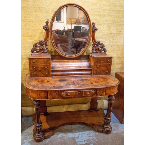 210 - DUCHESS DRESSING TABLE, 119cm W x 163cm H x 55cm D Victorian burr walnut with an oval mirror, a risi... 