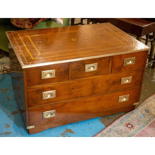 214 - CAMPAIGN STYLE LOW CHEST, 56cm H x 93cm x 62cm, yewwood and brass bound of five drawers with tan lea... 