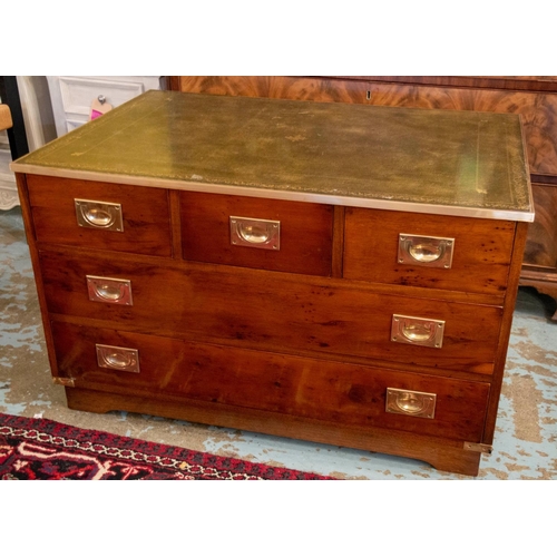 215 - CAMPAIGN STYLE LOW CHEST, 56cm H x 93cm x 62cm, yewwood and brass bound with green leather top above... 