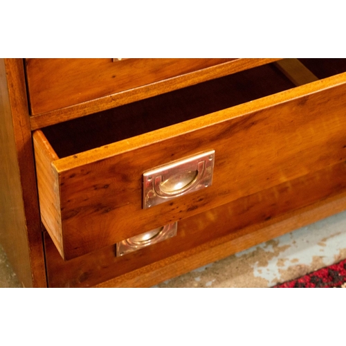 215 - CAMPAIGN STYLE LOW CHEST, 56cm H x 93cm x 62cm, yewwood and brass bound with green leather top above... 