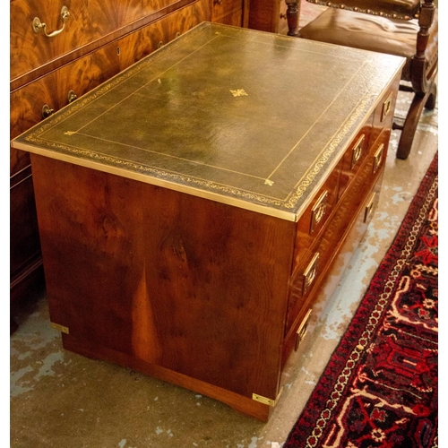 215 - CAMPAIGN STYLE LOW CHEST, 56cm H x 93cm x 62cm, yewwood and brass bound with green leather top above... 