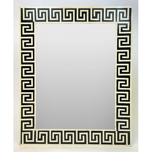 218 - WALL MIRROR, 1970's Italian design, Greek key inlaid frame, 77cm x 62cm.