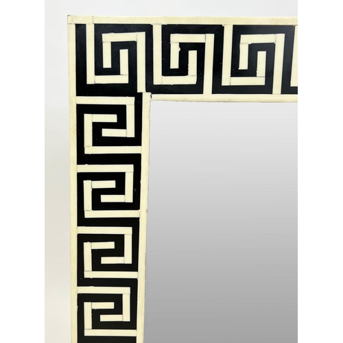 218 - WALL MIRROR, 1970's Italian design, Greek key inlaid frame, 77cm x 62cm.