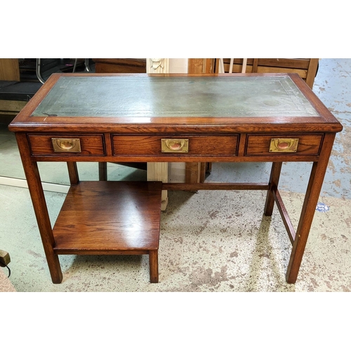 220 - WRITING DESK, 107cm x 52cm x 77cm H, military style oak by Kennedy with green leather top above thre... 