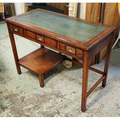 220 - WRITING DESK, 107cm x 52cm x 77cm H, military style oak by Kennedy with green leather top above thre... 