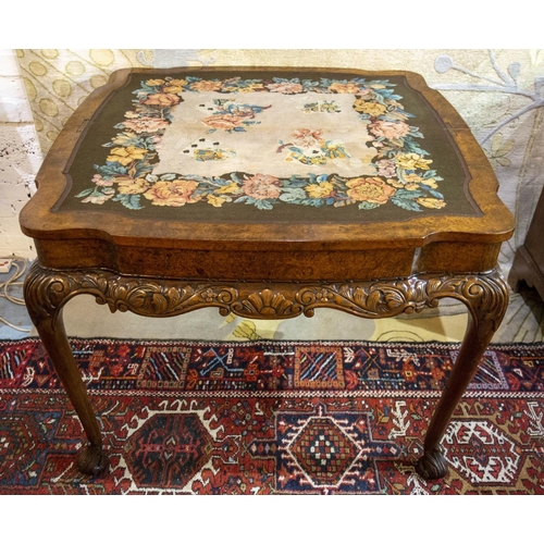 222 - CARD TABLE, 78cm H x 102cm x 51cm, early 20th century George I style burr walnut with needlework lin... 