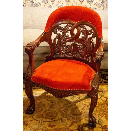 223 - OPEN ARMCHAIR, 94cm H x 67cm, 19th century Continental mahogany with dolphin and acanthus leaf carve... 