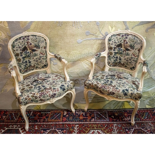 230 - FAUTEUILS, 85cm H x 58cm W, a pair, Louis XV style painted with animal patterned covers. (2)