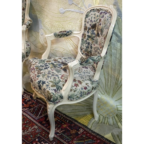 230 - FAUTEUILS, 85cm H x 58cm W, a pair, Louis XV style painted with animal patterned covers. (2)