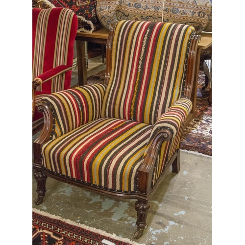 231 - ARMCHAIR, 90cm H x 82cm W, Victorian mahogany, circa 1870, in striped kilim with front castors.