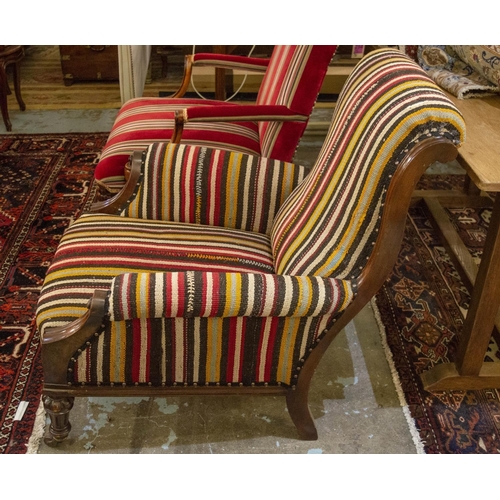 231 - ARMCHAIR, 90cm H x 82cm W, Victorian mahogany, circa 1870, in striped kilim with front castors.