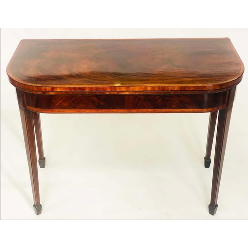 253 - TEA TABLE, George III flame mahogany and satinwood banded of D outline with spade feet, 96cm W x 45c... 