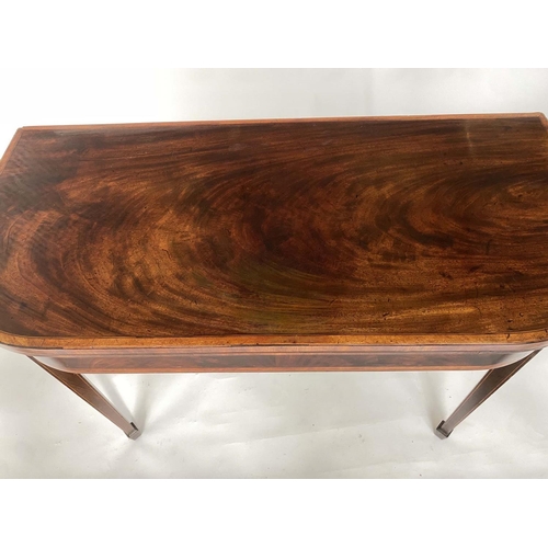 253 - TEA TABLE, George III flame mahogany and satinwood banded of D outline with spade feet, 96cm W x 45c... 