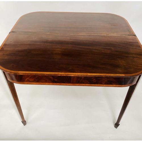 253 - TEA TABLE, George III flame mahogany and satinwood banded of D outline with spade feet, 96cm W x 45c... 