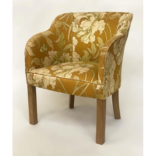 254 - TUB ARMCHAIR, mid 20th century tub-form and floral gold fabric upholstered, 58cm W.