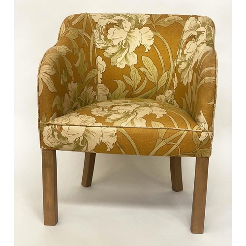 254 - TUB ARMCHAIR, mid 20th century tub-form and floral gold fabric upholstered, 58cm W.