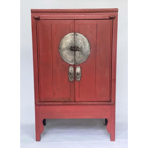 258 - MARRIAGE CABINET, 101cm H x 76cm W x 38cm D, 19th century Chinese scarlet lacquered and silvered met... 