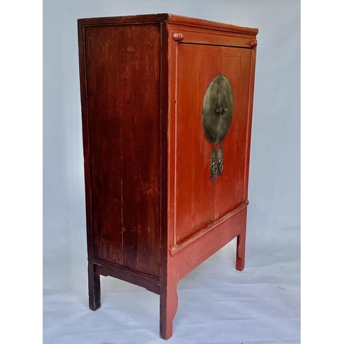 258 - MARRIAGE CABINET, 101cm H x 76cm W x 38cm D, 19th century Chinese scarlet lacquered and silvered met... 