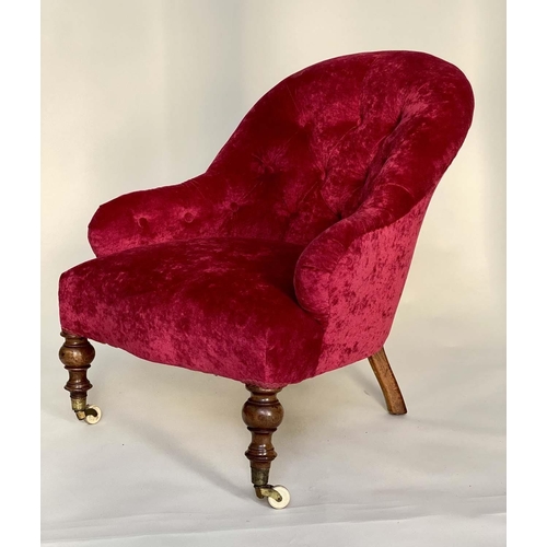 261 - ARMCHAIR, Victorian mahogany with scarlet chenille velvet upholstery with deep buttoned rounded back... 