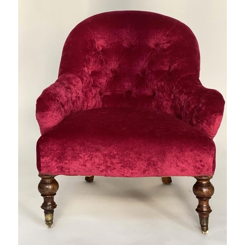 261 - ARMCHAIR, Victorian mahogany with scarlet chenille velvet upholstery with deep buttoned rounded back... 