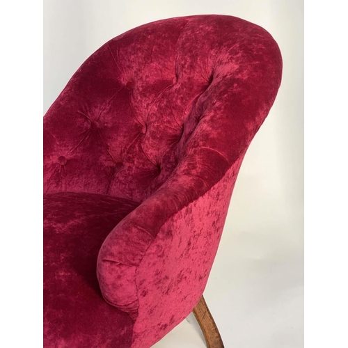 261 - ARMCHAIR, Victorian mahogany with scarlet chenille velvet upholstery with deep buttoned rounded back... 