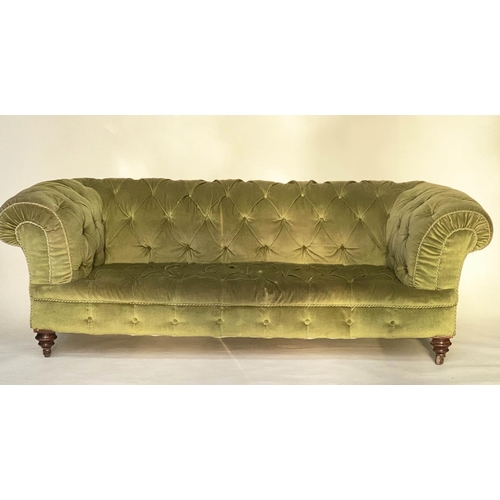 272 - CHESTERFIELD SOFA, Victorian mahogany with moss green velvet deep button upholstery with turned fron... 