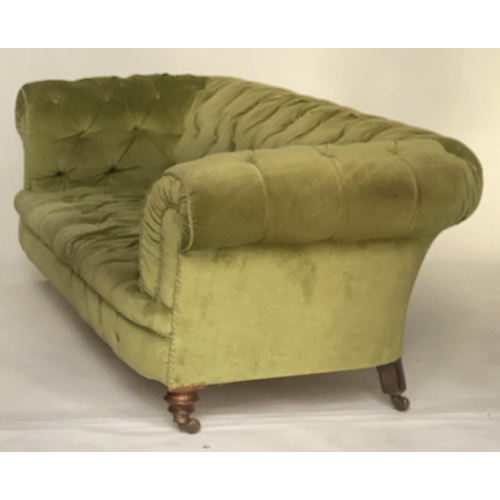 272 - CHESTERFIELD SOFA, Victorian mahogany with moss green velvet deep button upholstery with turned fron... 