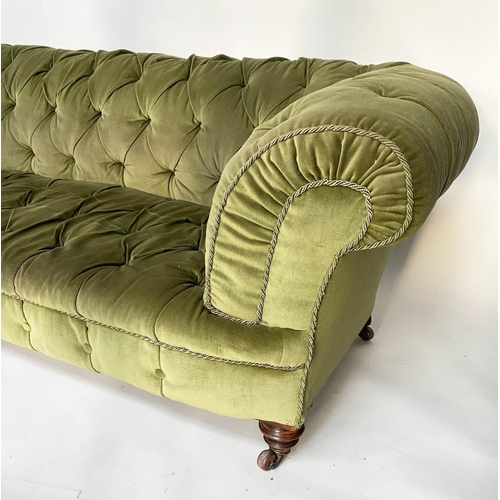 272 - CHESTERFIELD SOFA, Victorian mahogany with moss green velvet deep button upholstery with turned fron... 