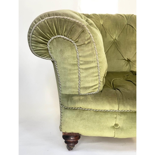 272 - CHESTERFIELD SOFA, Victorian mahogany with moss green velvet deep button upholstery with turned fron... 