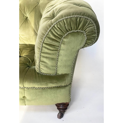 272 - CHESTERFIELD SOFA, Victorian mahogany with moss green velvet deep button upholstery with turned fron... 