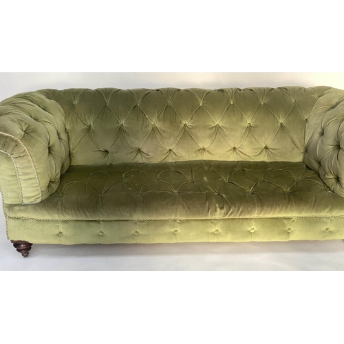 272 - CHESTERFIELD SOFA, Victorian mahogany with moss green velvet deep button upholstery with turned fron... 