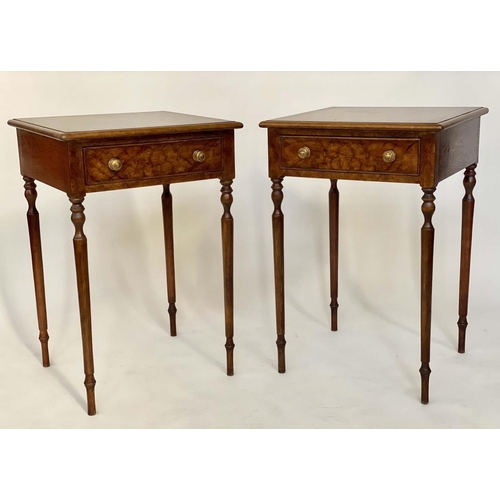 273 - LAMP TABLES, a pair, George III design burr walnut and crossbanded each with frieze drawer and turne... 