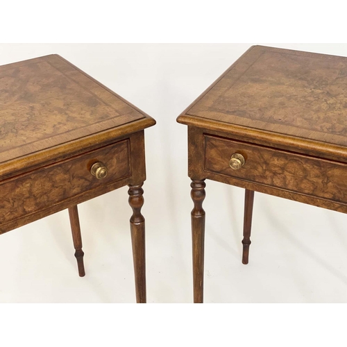 273 - LAMP TABLES, a pair, George III design burr walnut and crossbanded each with frieze drawer and turne... 