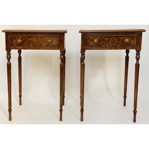 273 - LAMP TABLES, a pair, George III design burr walnut and crossbanded each with frieze drawer and turne... 