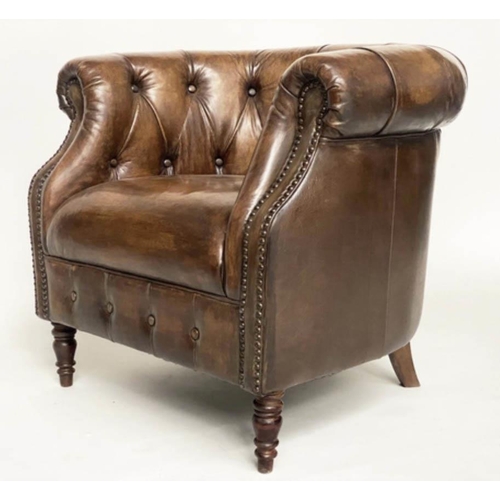 274 - LIBRARY ARMCHAIR, Alexander and James deep buttoned mid brown leather with bow back, 82cm W.