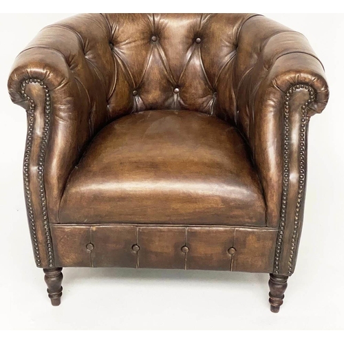 274 - LIBRARY ARMCHAIR, Alexander and James deep buttoned mid brown leather with bow back, 82cm W.