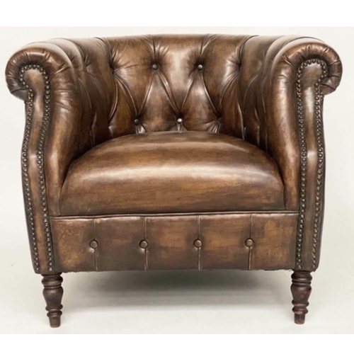 274 - LIBRARY ARMCHAIR, Alexander and James deep buttoned mid brown leather with bow back, 82cm W.